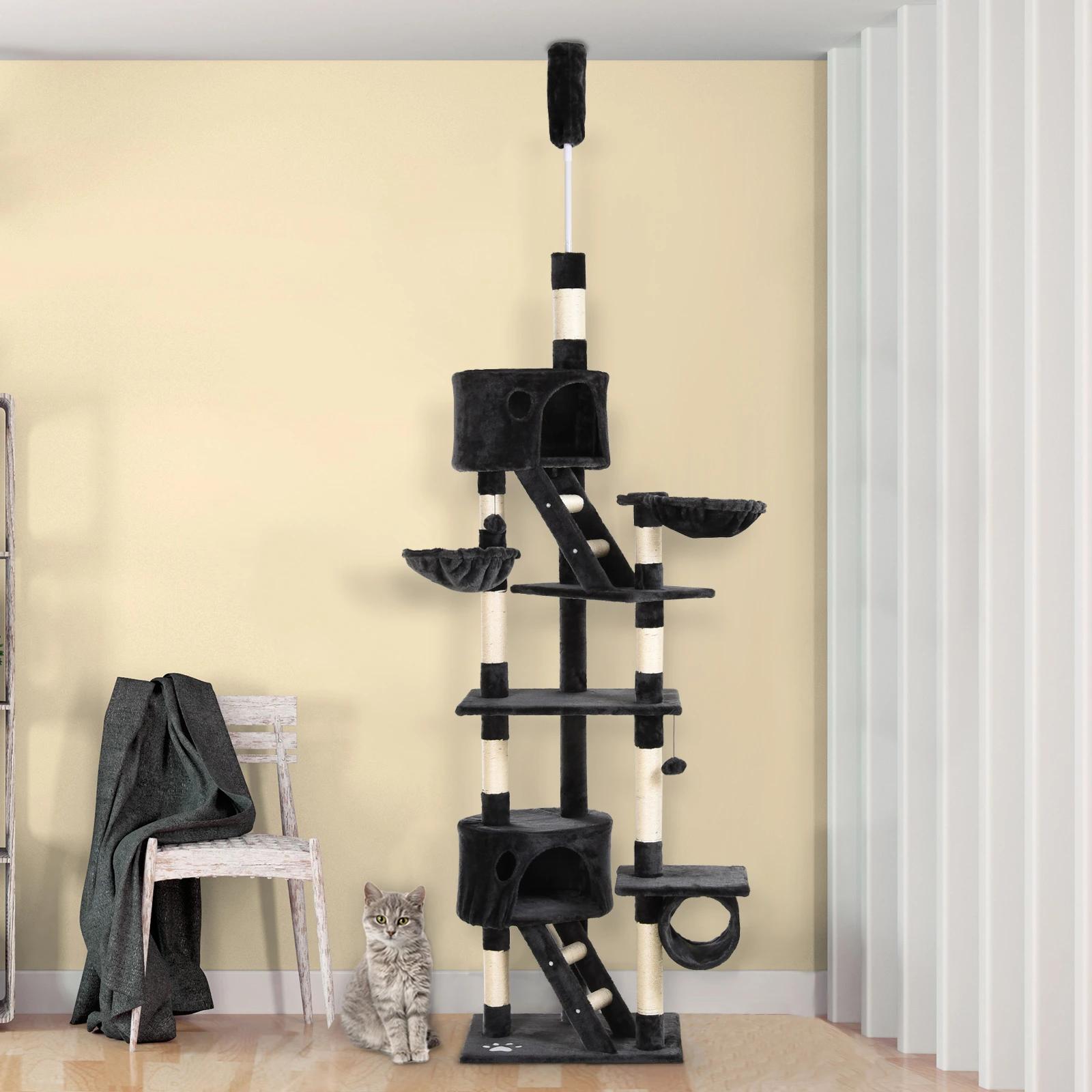 Árvore arranhador para gatos com altura ajustável plataformas múltiplas caverna cestas e escadas em sisal natural e pelúcia 60x45x240-260 cm cinza escuro