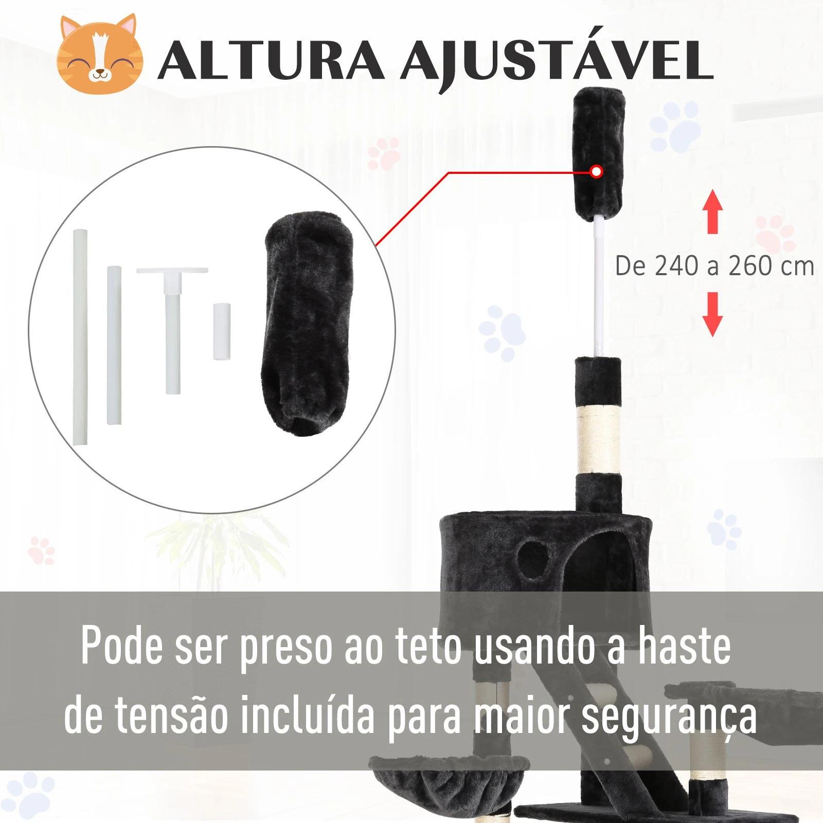 Árvore arranhador para gatos com altura ajustável plataformas múltiplas caverna cestas e escadas em sisal natural e pelúcia 60x45x240-260 cm cinza escuro