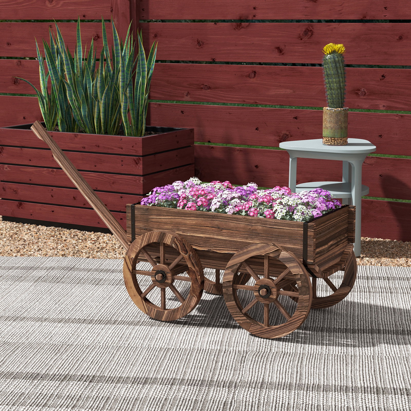 Floreira de madeira floreira de exterior em forma de carrinho com 4 rodas para varanda jardim pátio 120x41x54 cm madeira