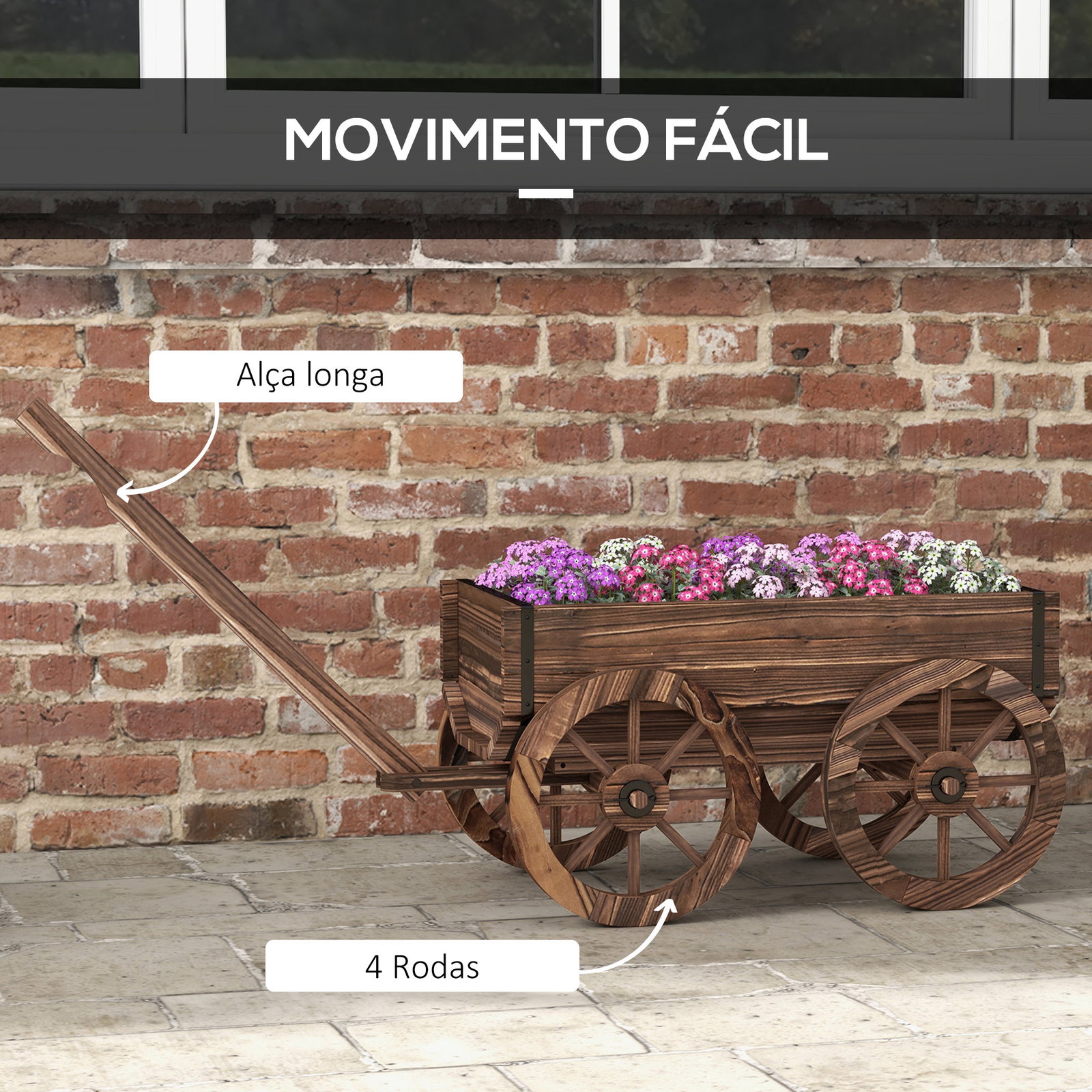 Floreira de madeira floreira de exterior em forma de carrinho com 4 rodas para varanda jardim pátio 120x41x54 cm madeira