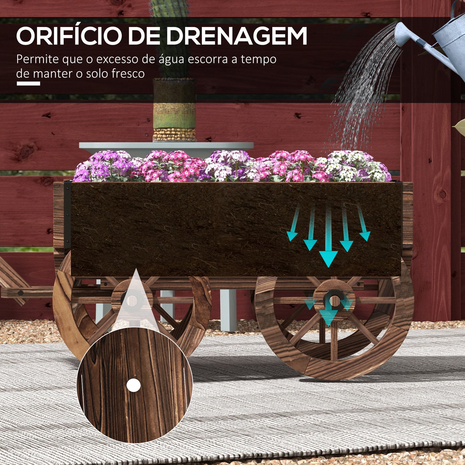 Floreira de madeira floreira de exterior em forma de carrinho com 4 rodas para varanda jardim pátio 120x41x54 cm madeira