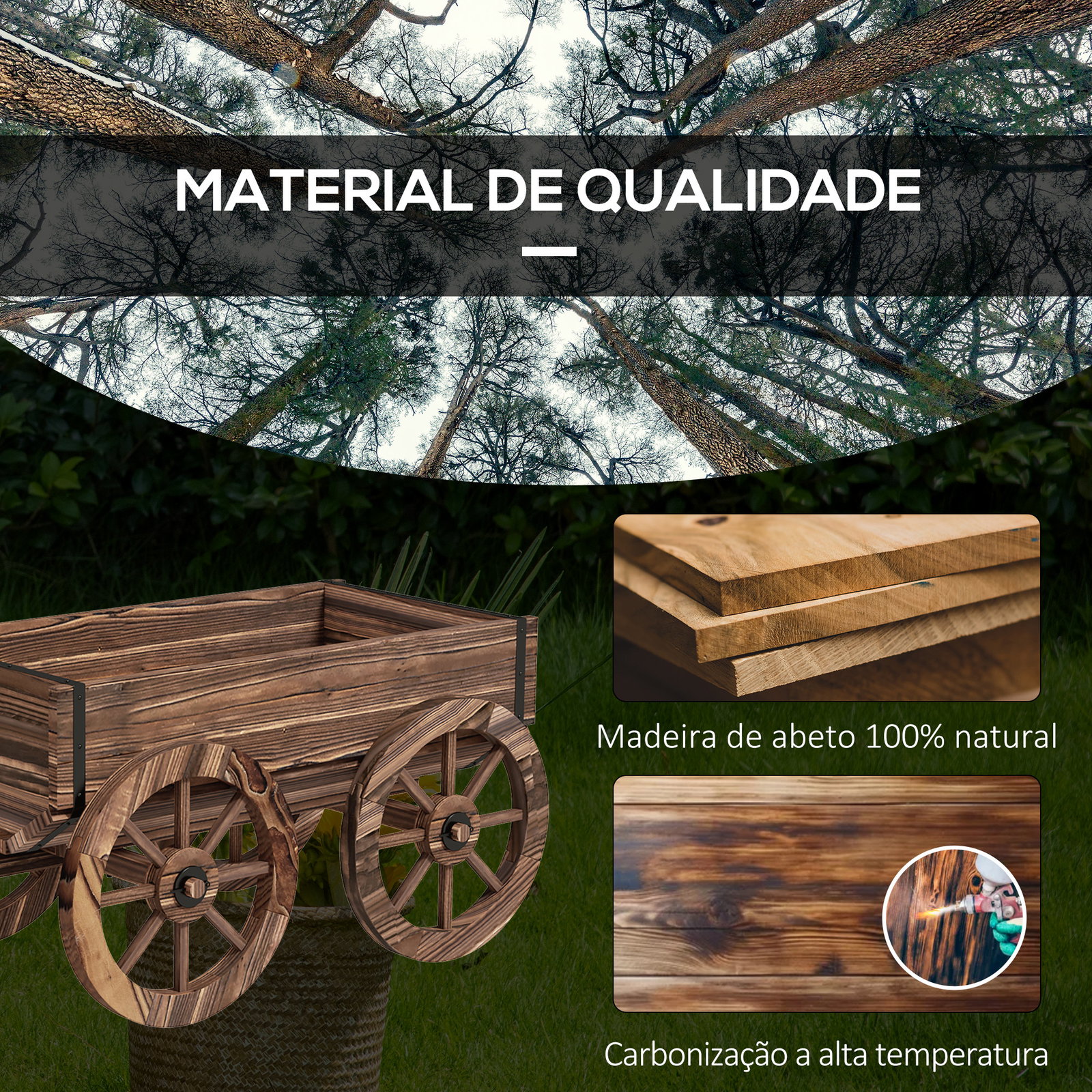 Floreira de madeira floreira de exterior em forma de carrinho com 4 rodas para varanda jardim pátio 120x41x54 cm madeira