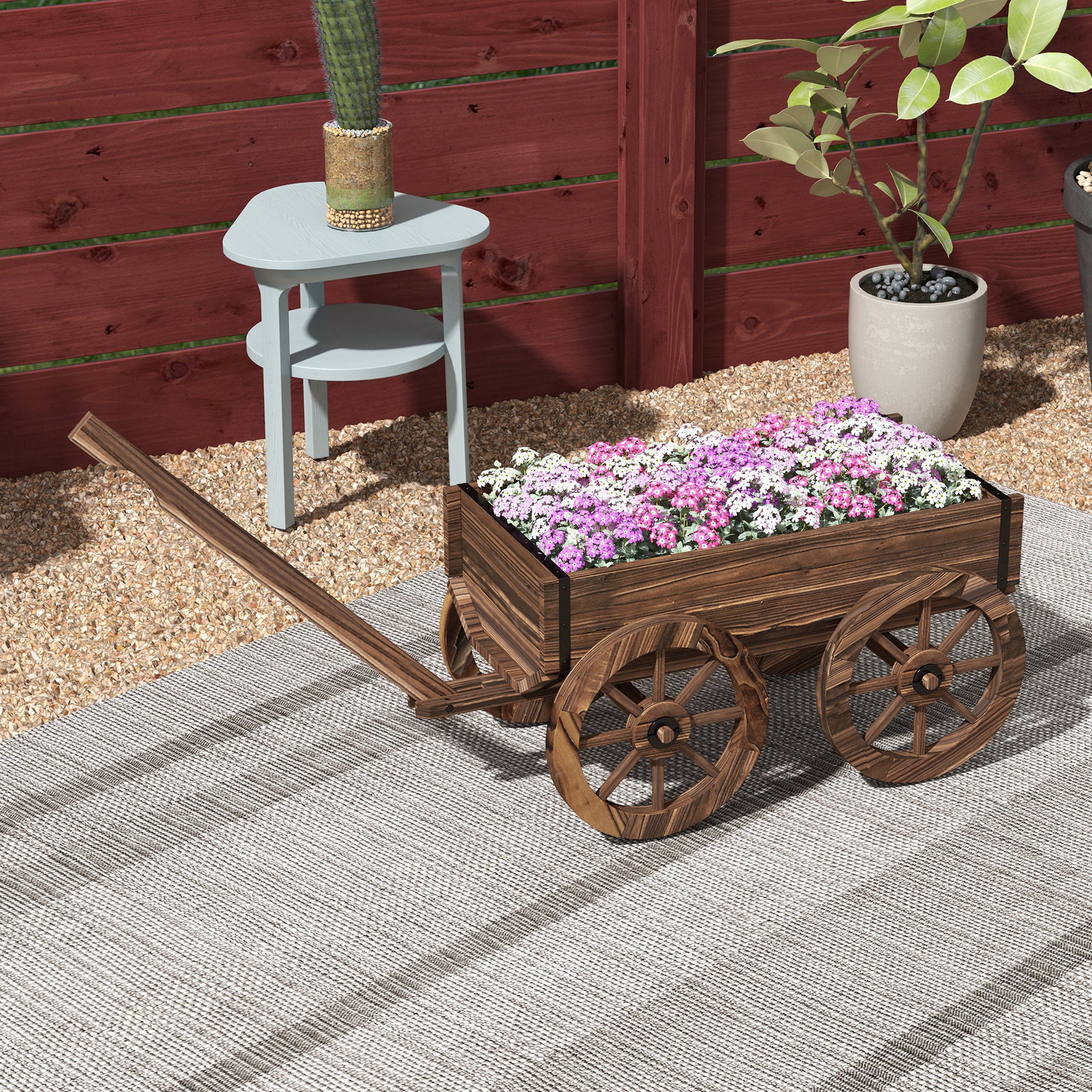 Floreira de madeira floreira de exterior em forma de carrinho com 4 rodas para varanda jardim pátio 120x41x54 cm madeira