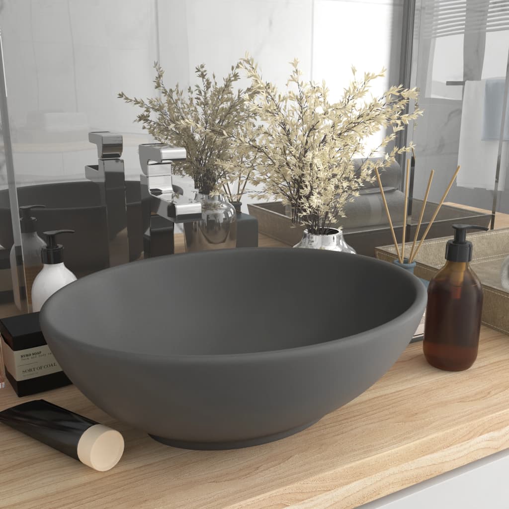 Lavatório luxuoso oval 40x33cm cerâmica cinzento-escuro mate