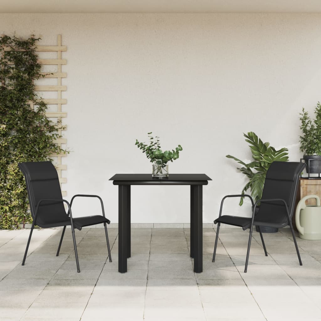 3 Pcs conjunto de jantar para jardim aço e textilene preto