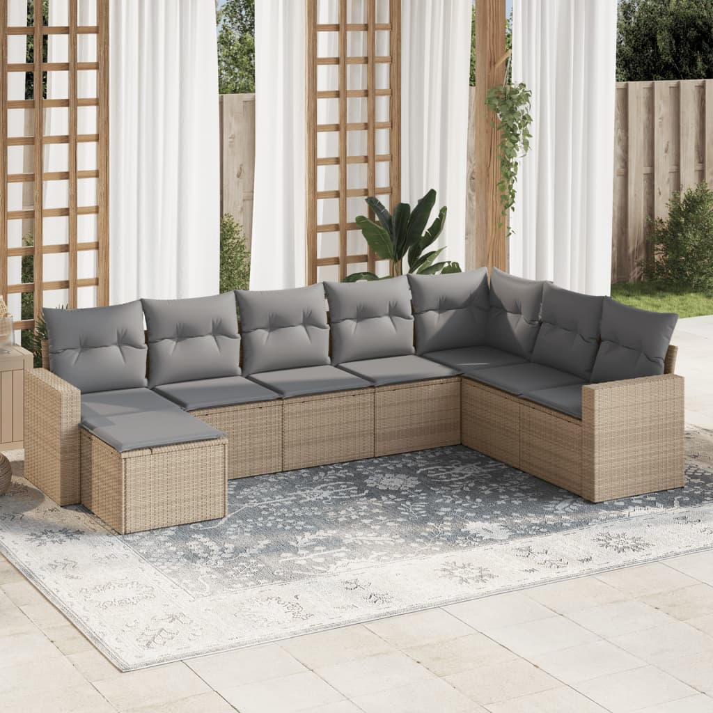 8 Pcs conjunto de sofás p/ jardim com almofadões vime PE bege