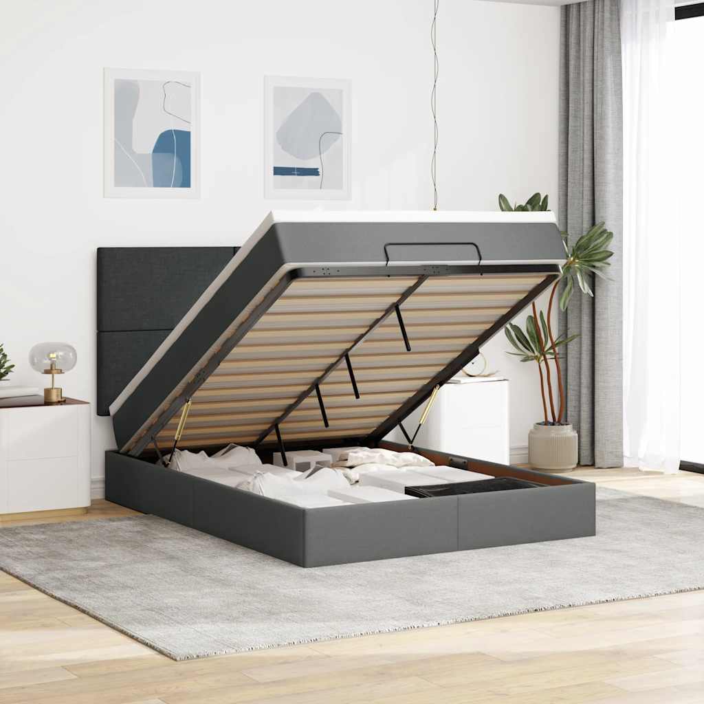 Estrutura cama otomana colchão 140x200cm tecido cinzento escuro