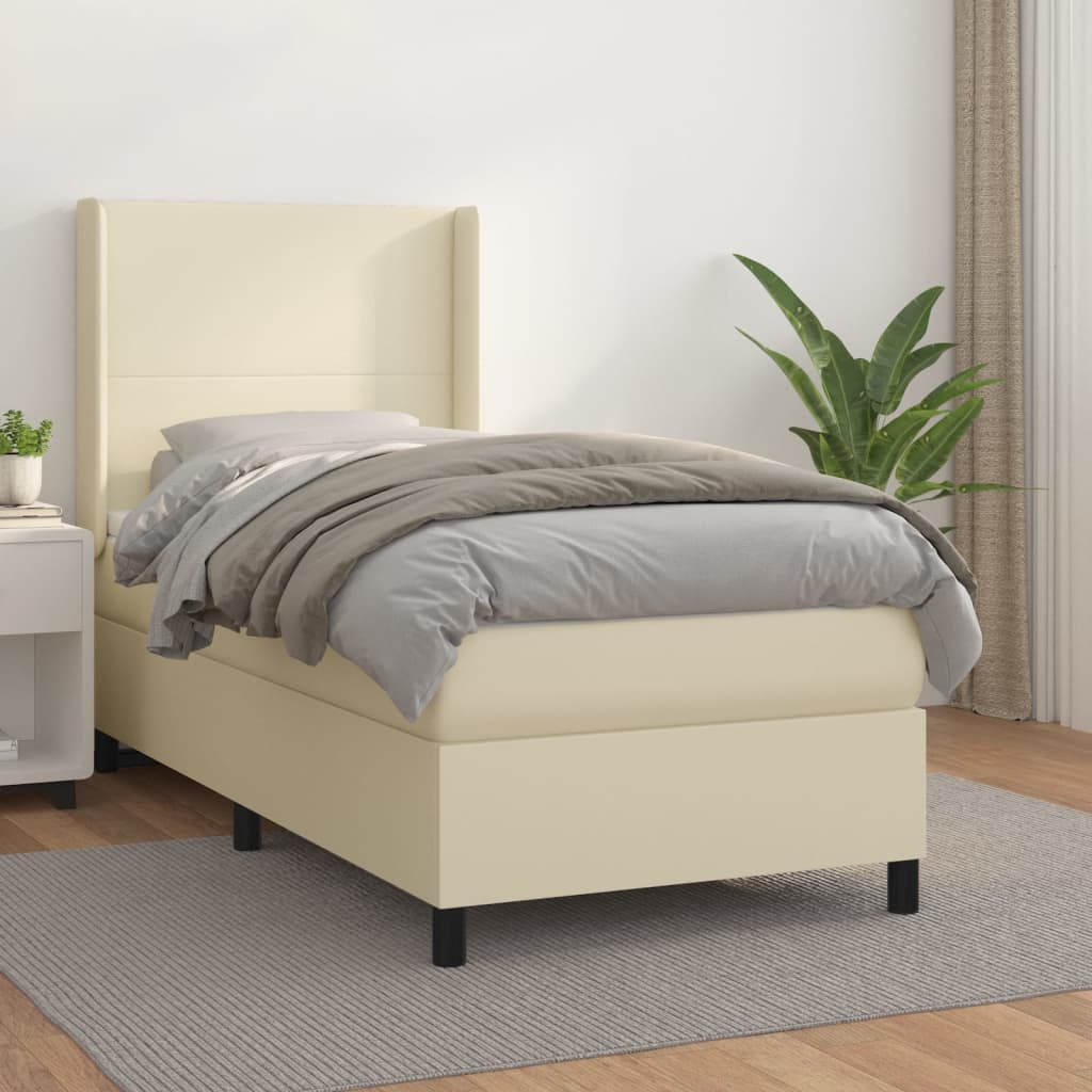 Cama com molas/colchão 90x190 cm couro artificial cor creme