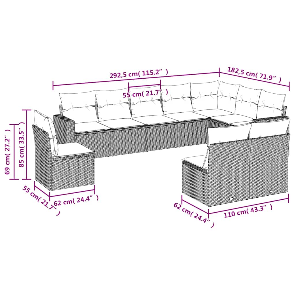 10 Pcs conjunto sofás de jardim c/ almofadões vime PE preto