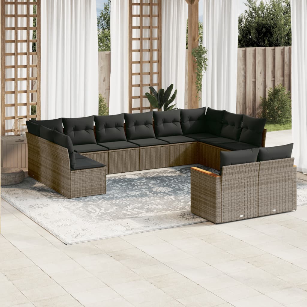 12 Pcs conjunto de sofás jardim c/ almofadões vime PE cinzento