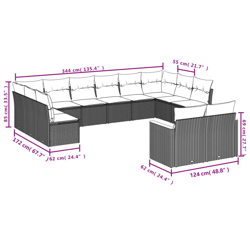 12 Pcs conjunto de sofás jardim c/ almofadões vime PE cinzento