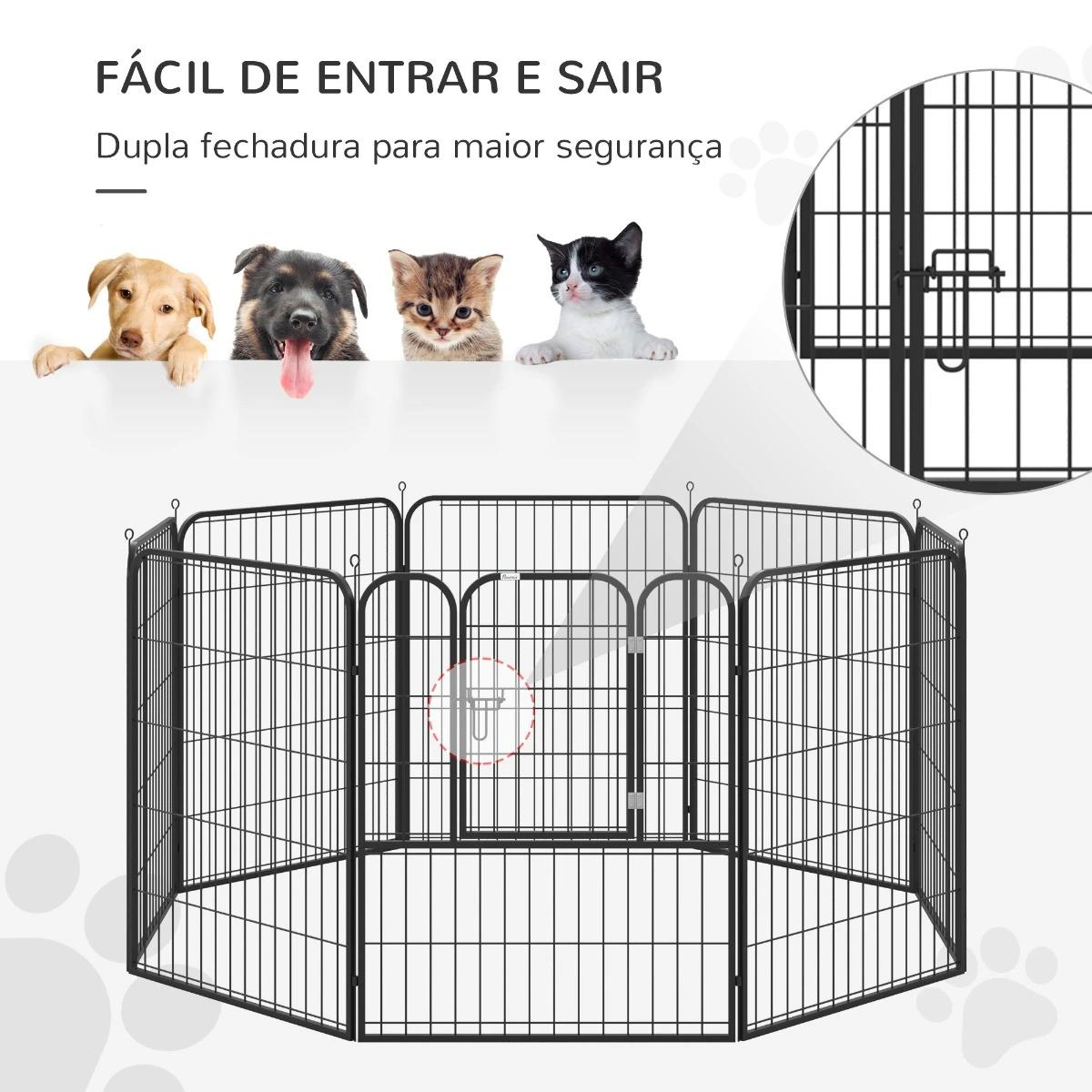 Parque para animais de estimação com 8 Varas Dobrável com Porta e Dupla Trava 79x100cm Preto