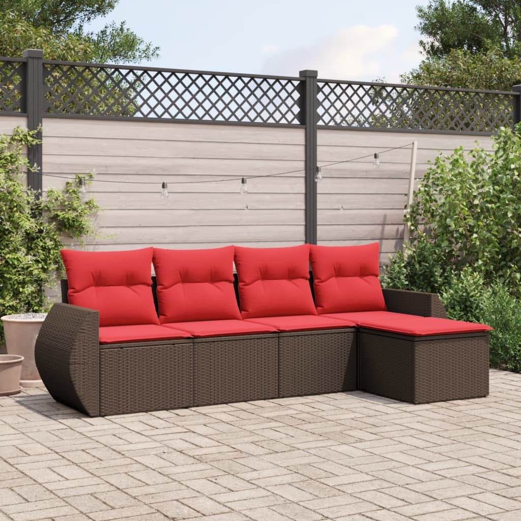 Conjunto de sofá de jardim de 5 peças com almofadas em rattan sintético marrom
