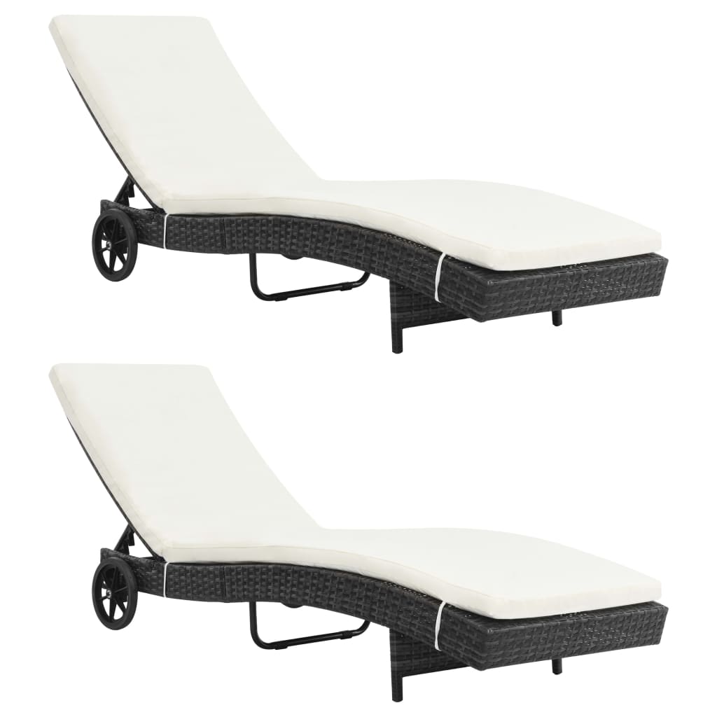 Espreguiçadeiras com rodas e almofadões 2 pcs vime PE preto