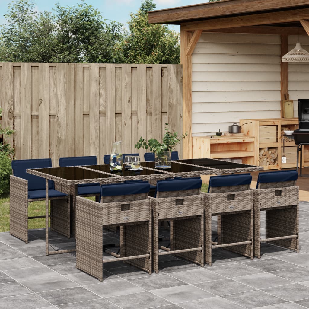 Conjunto de jantar para jardim de 9 peças com almofadas, em rattan sintético cinza