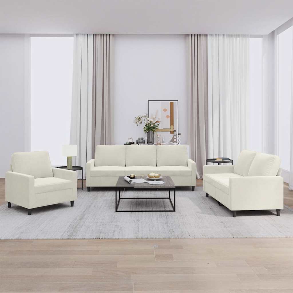 3 Pcs conjunto de sofás com almofadões veludo cor creme