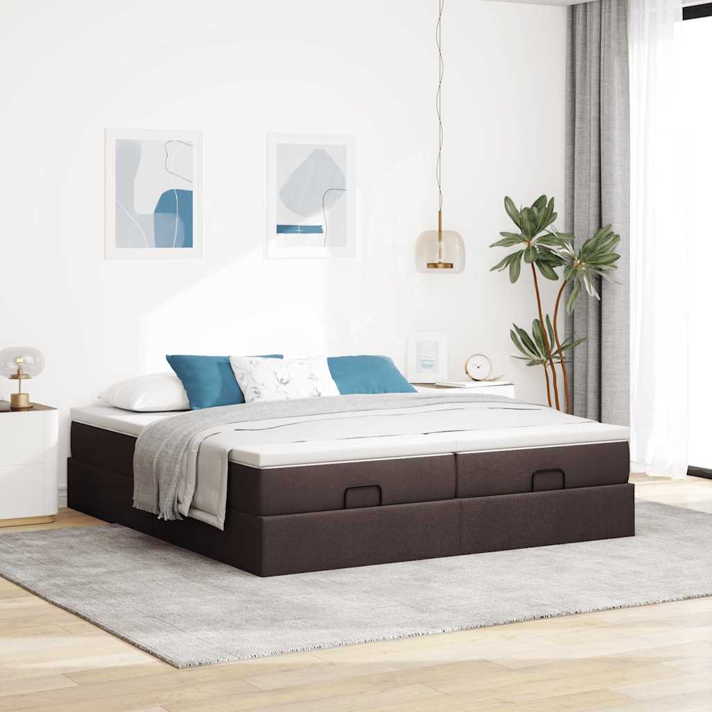 Estrutura de cama otomana com colchões tecido castanho escuro