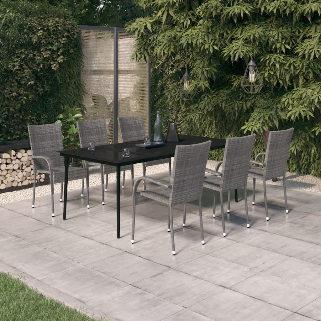 7 Pcs conjunto de jantar para jardim cinza e preto