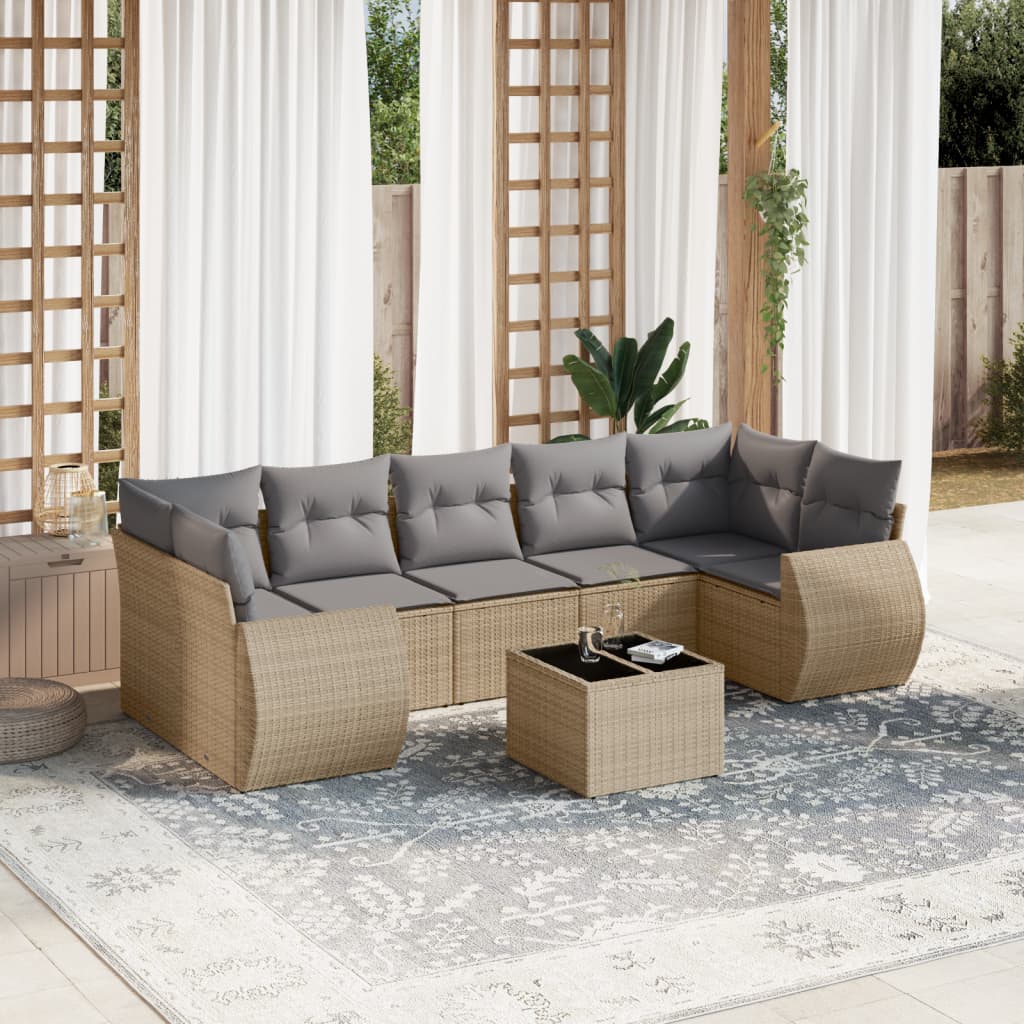 8 Pcs conjunto de sofás p/ jardim com almofadões vime PE bege