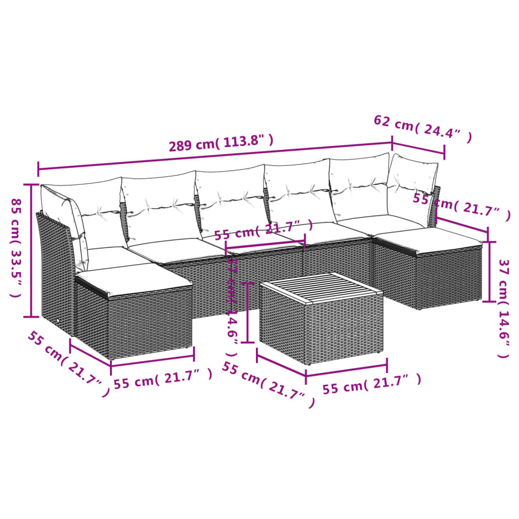 8 Pcs conjunto de sofás p/ jardim com almofadões vime PE bege