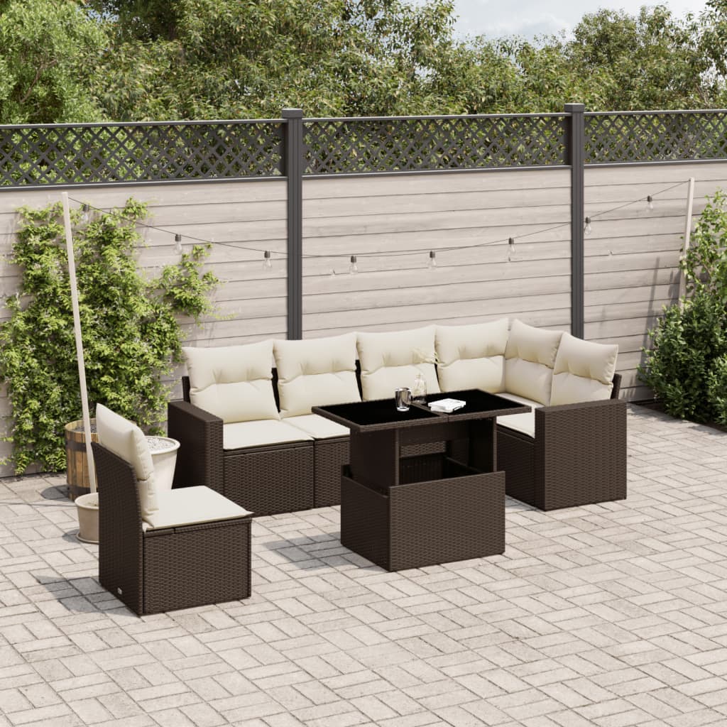 7 Pcs conjunto de sofás jardim c/ almofadões vime PE castanho