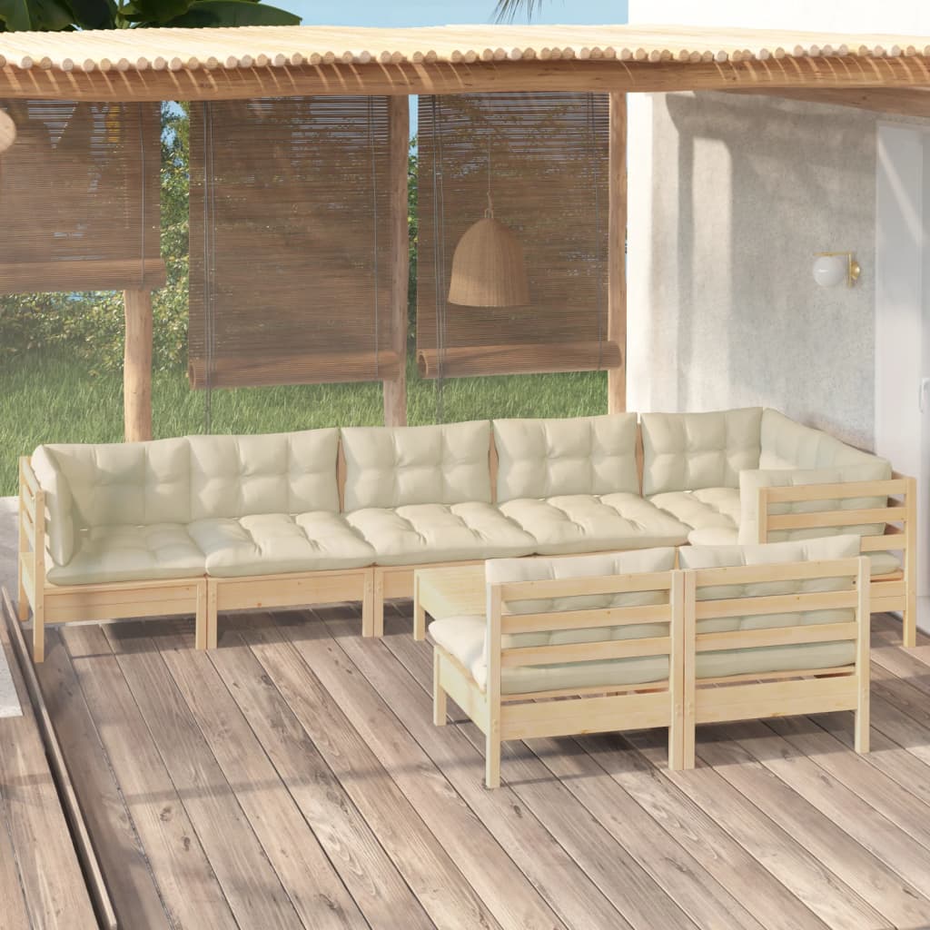9 Pcs conjunto lounge jardim c/ almofadões creme pinho maciço