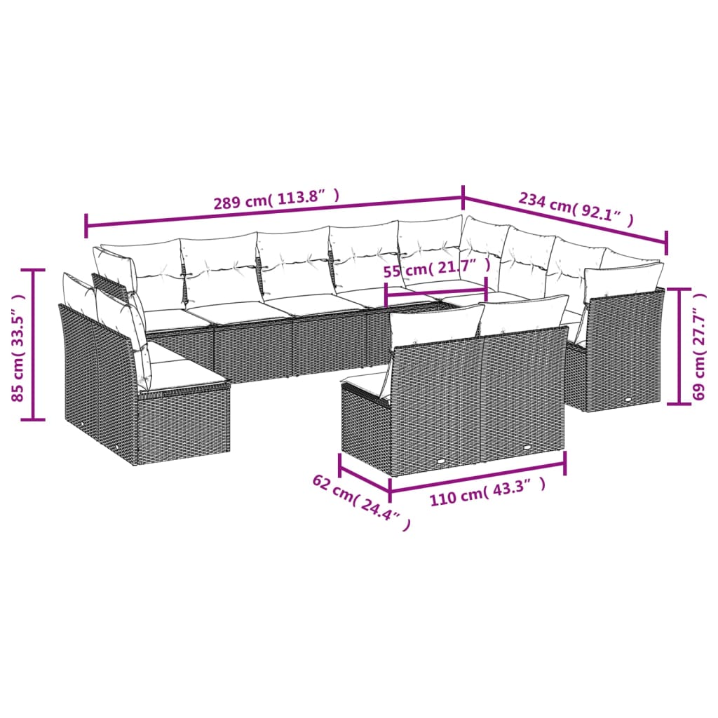 12 Pcs conjunto de sofás jardim c/ almofadões vime PE cinzento