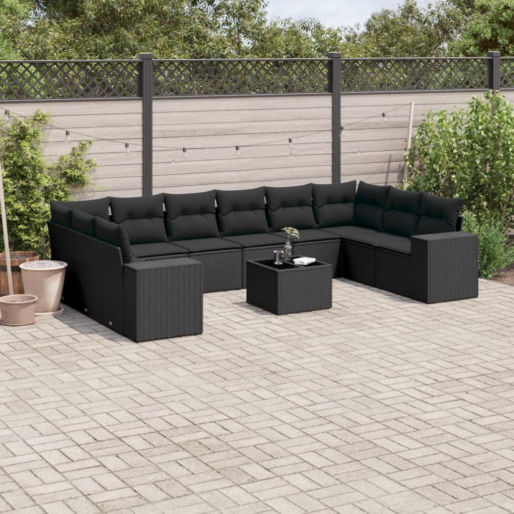 11 Pcs conjunto sofás de jardim c/ almofadões vime PE preto