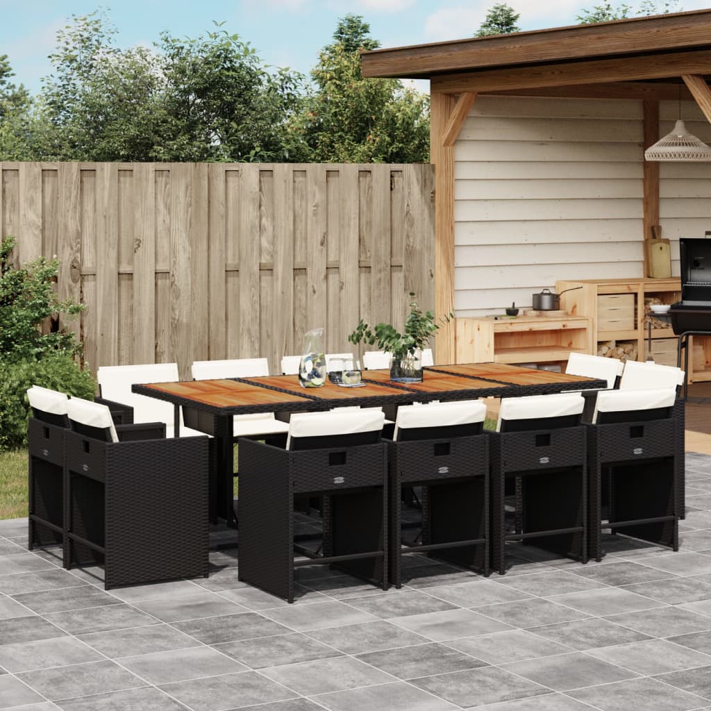 13 Pcs conjunto de jantar p/jardim com almofadões vime PE preto