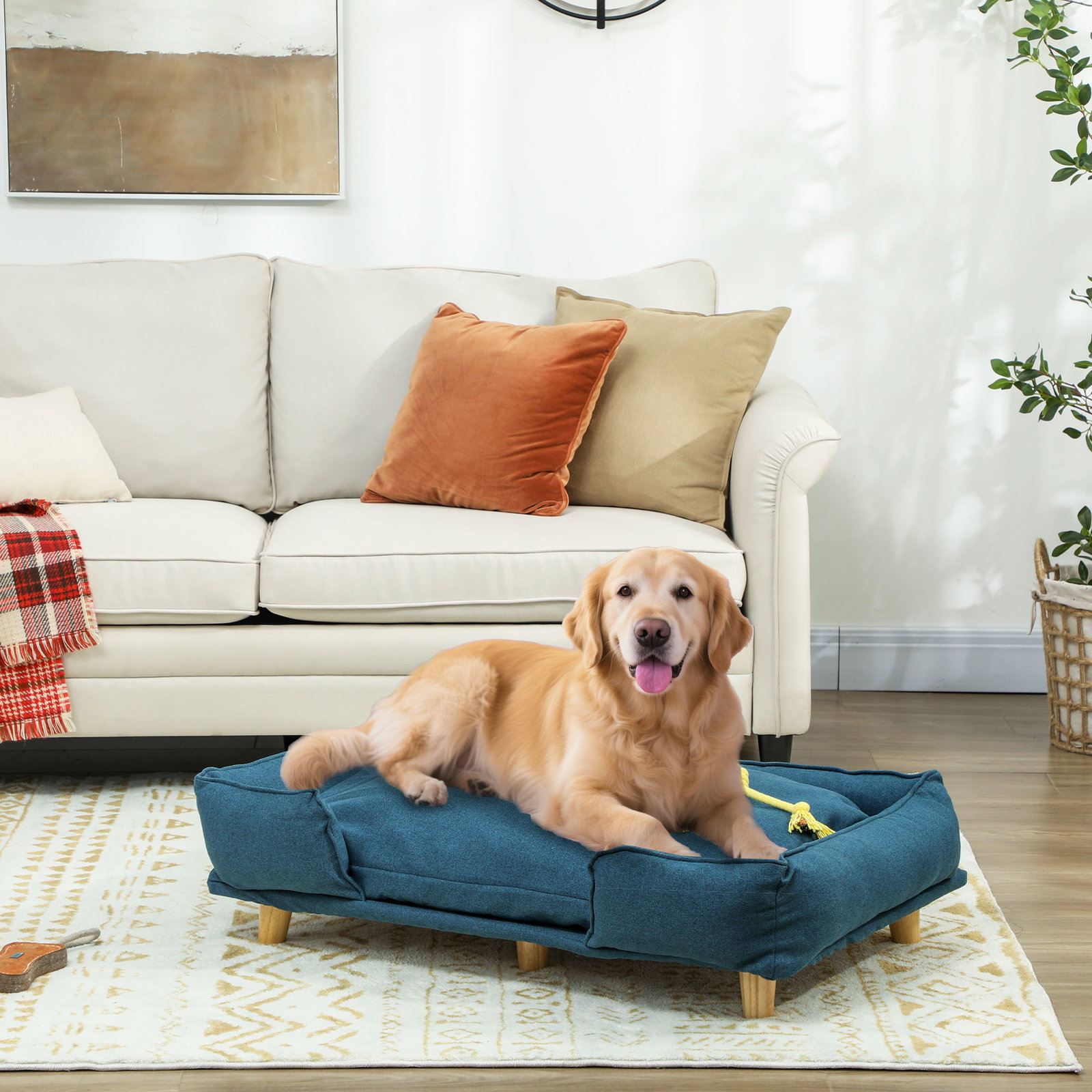 Sofá para cães grandes cama elevada para cães com pés de madeira e almofada lavável 96x66x24 cm azul escuro