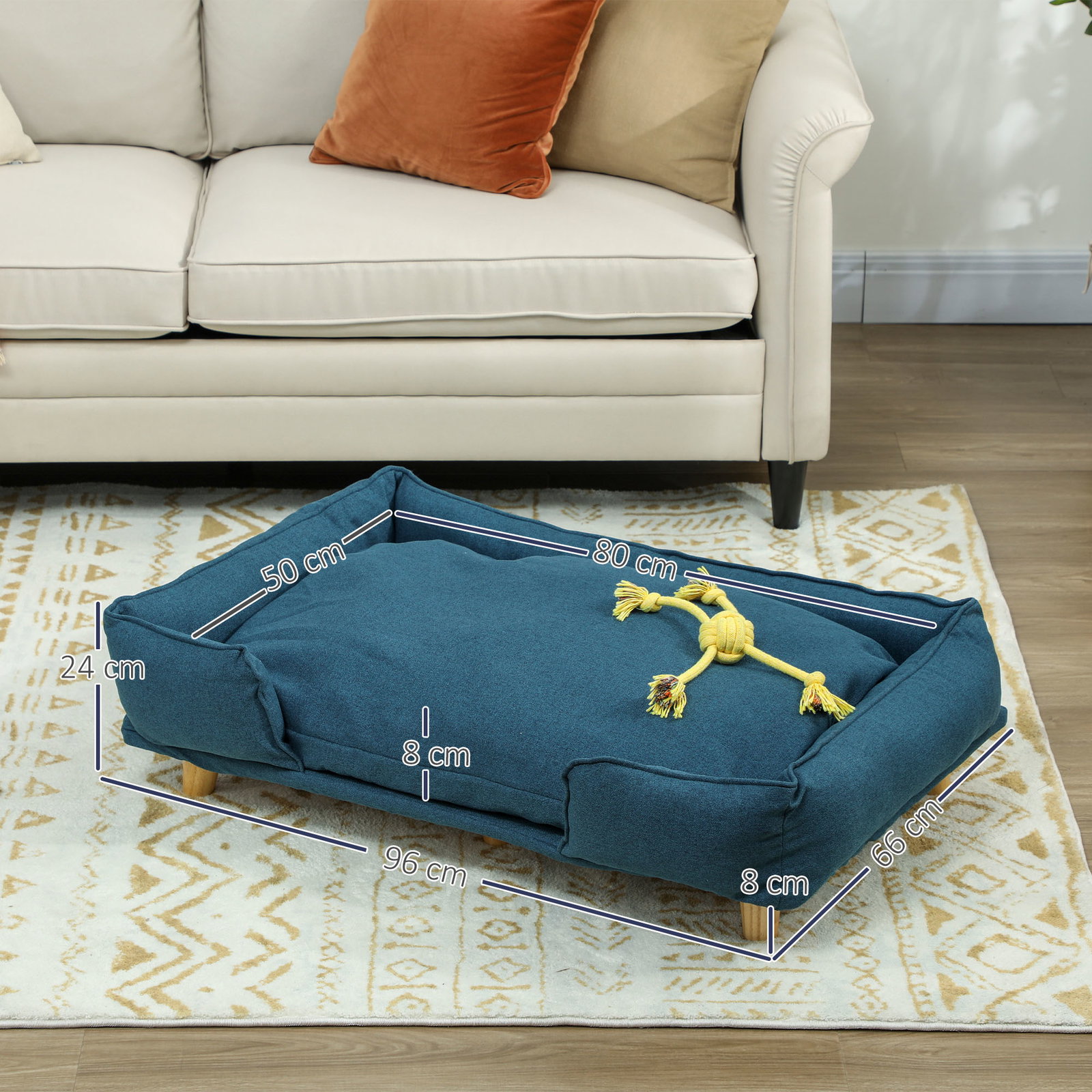 Sofá para cães grandes cama elevada para cães com pés de madeira e almofada lavável 96x66x24 cm azul escuro