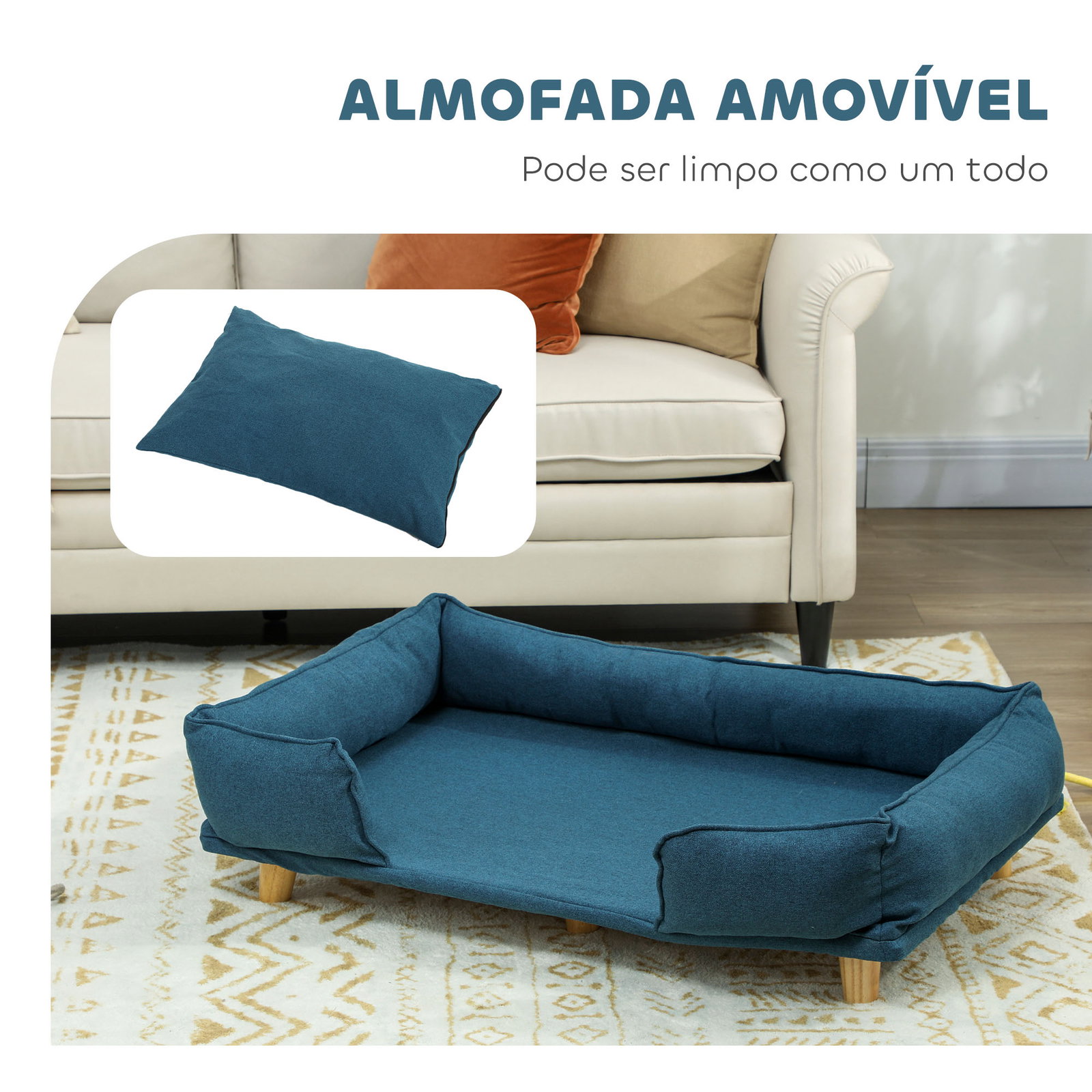 Sofá para cães grandes cama elevada para cães com pés de madeira e almofada lavável 96x66x24 cm azul escuro