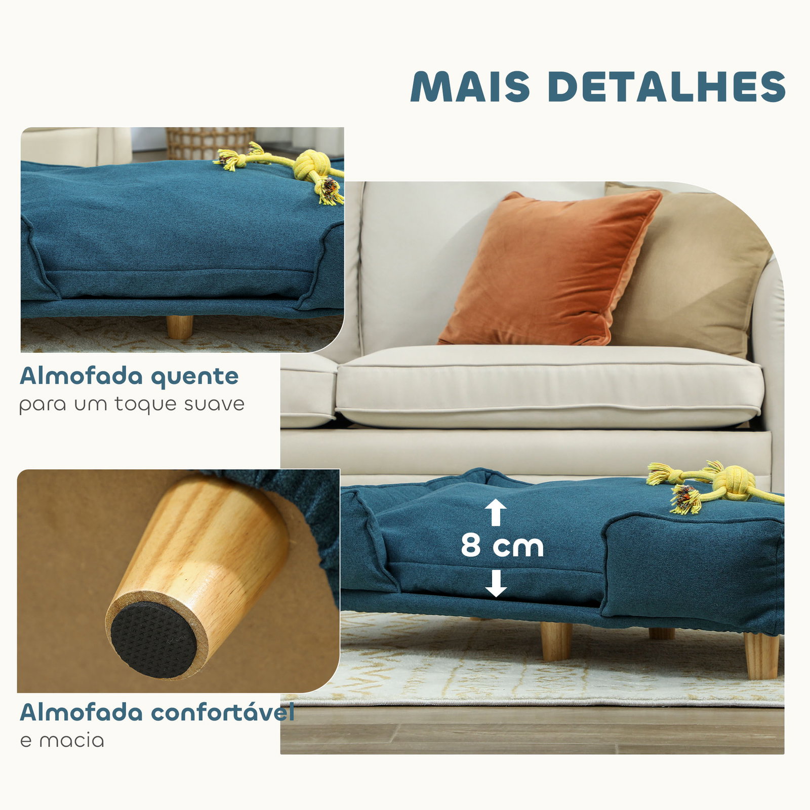 Sofá para cães grandes cama elevada para cães com pés de madeira e almofada lavável 96x66x24 cm azul escuro