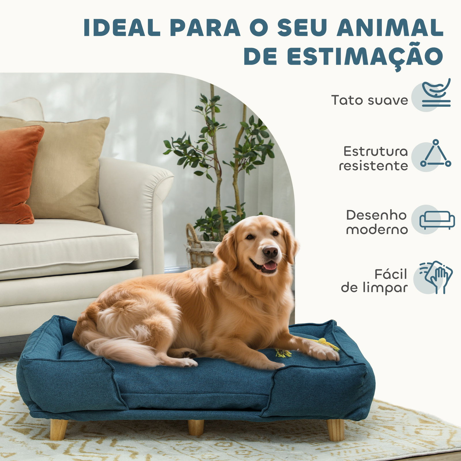 Sofá para cães grandes cama elevada para cães com pés de madeira e almofada lavável 96x66x24 cm azul escuro