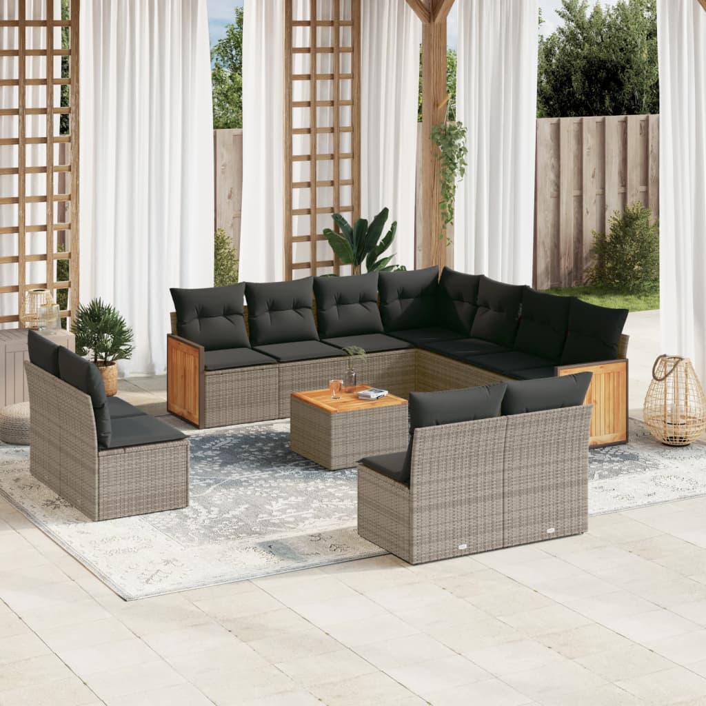 12 Pcs conjunto de sofás jardim c/ almofadões vime PE cinzento