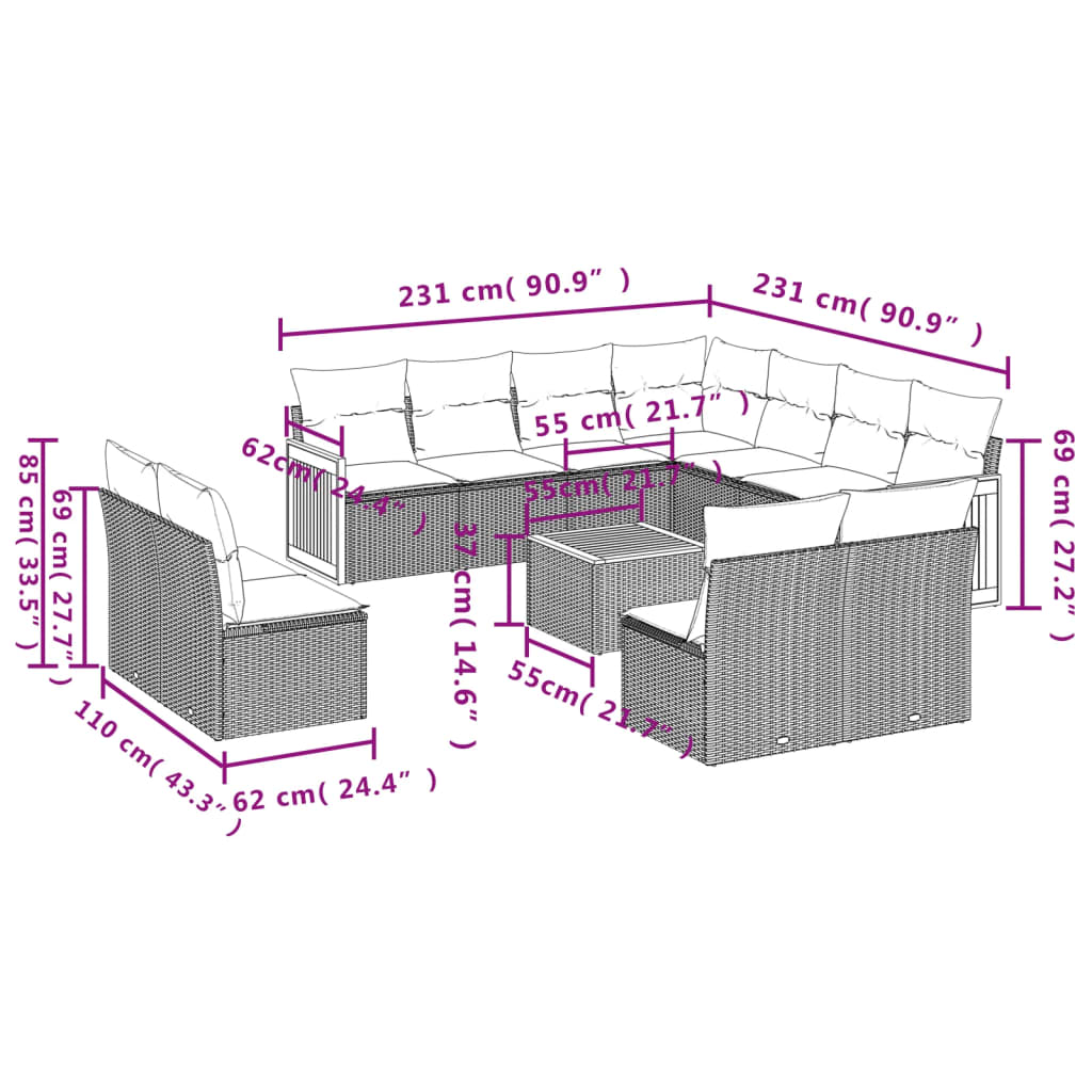 12 Pcs conjunto de sofás jardim c/ almofadões vime PE cinzento