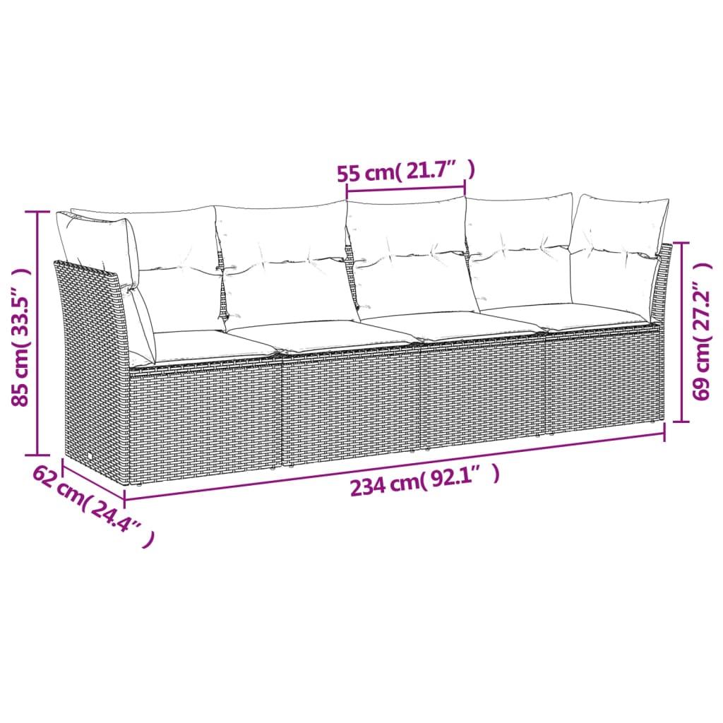 4 Pcs conjunto de sofás para jardim c/ almofadões vime PE bege