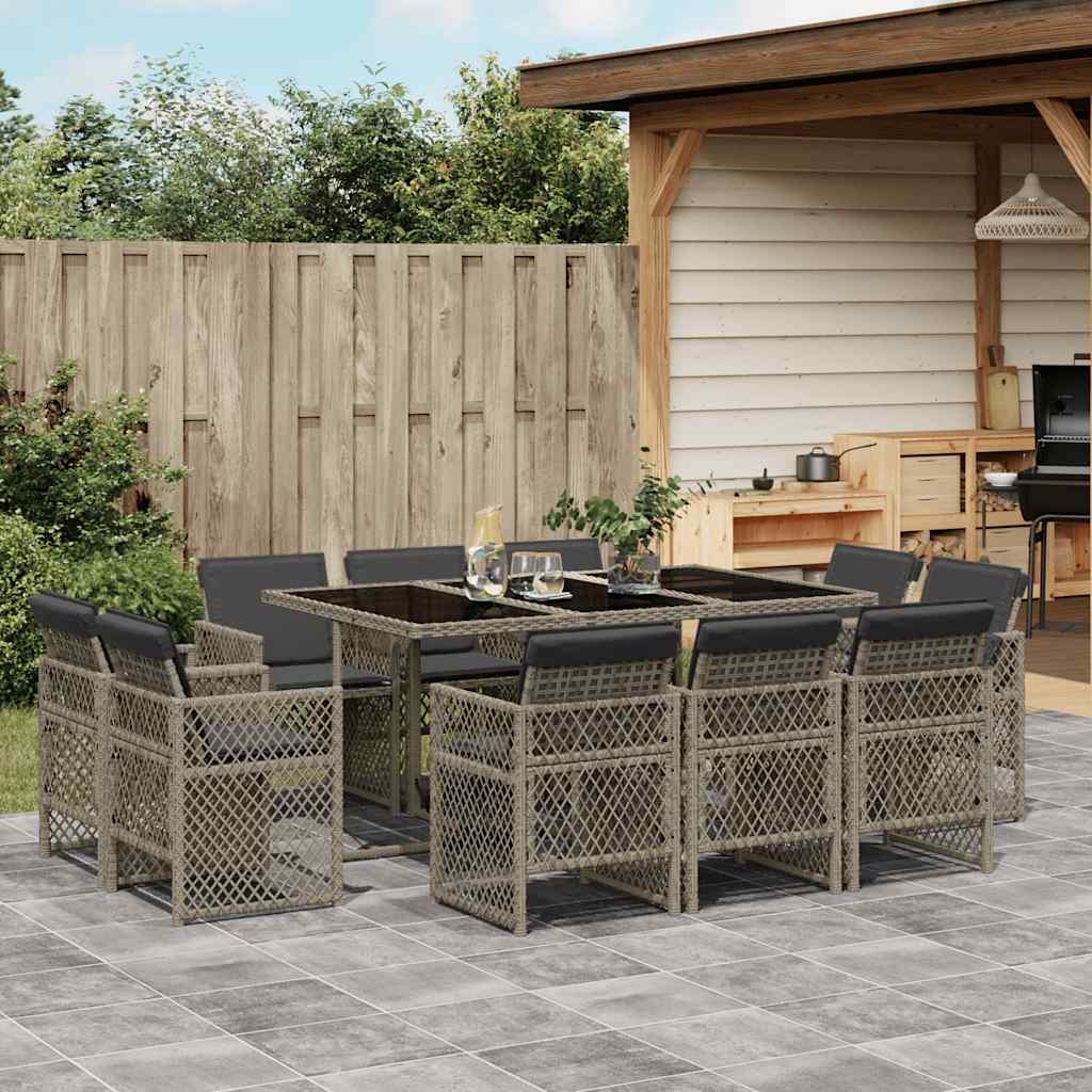 11 Pcs conjunto jantar p/ jardim c/ almofadões vime PE cinzento