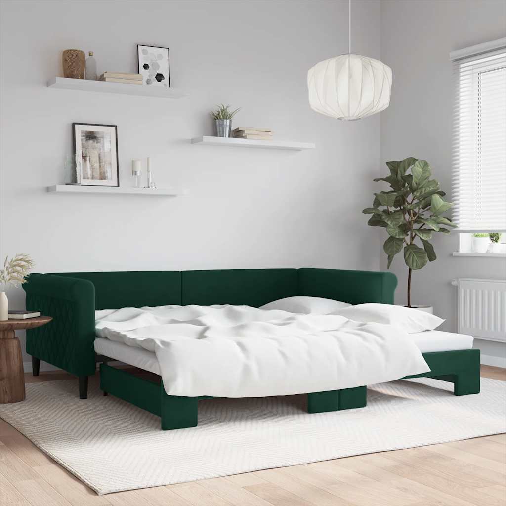 Sofá-cama com gavetão 100x200 cm veludo verde-escuro