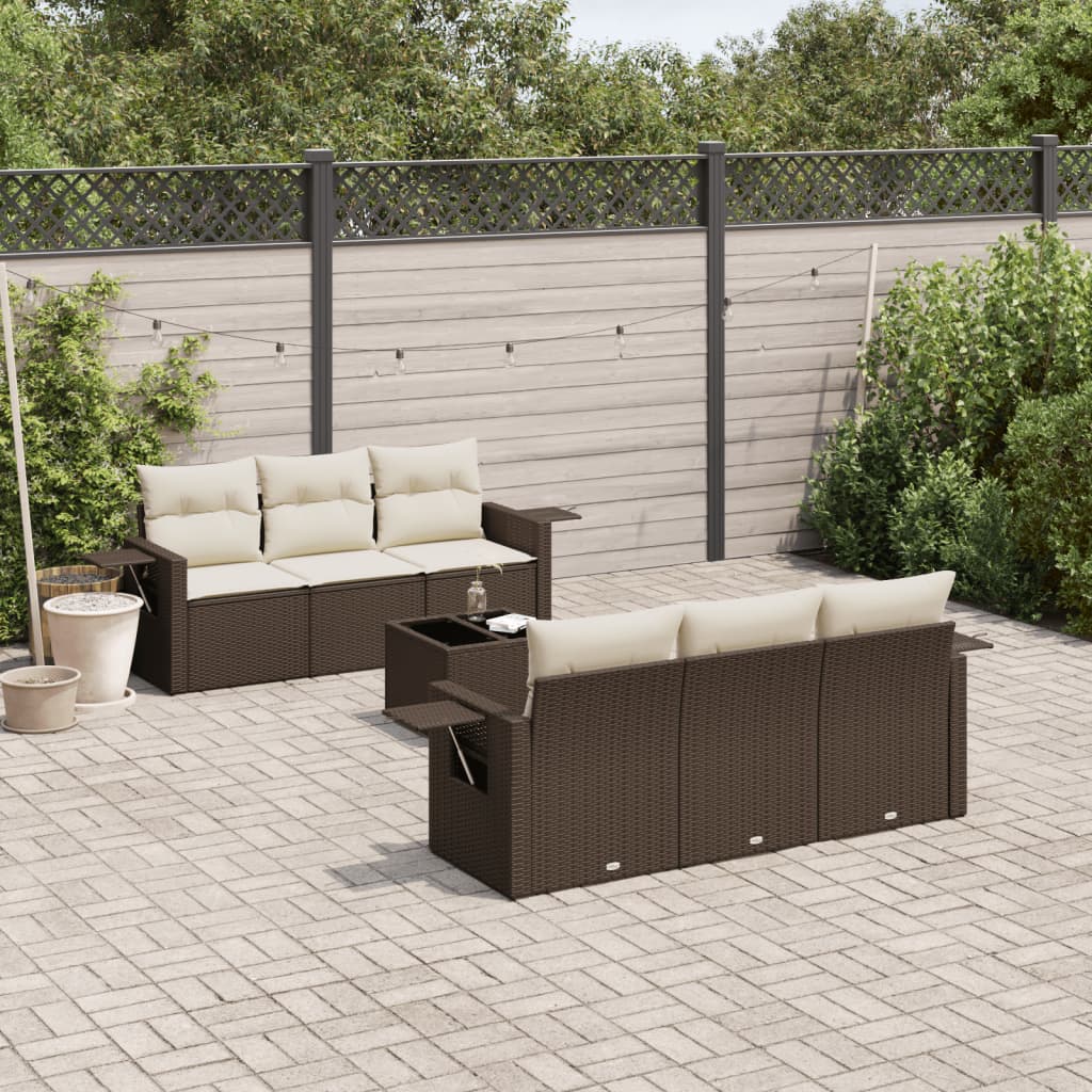 7 Pcs conjunto de sofás jardim c/ almofadões vime PE castanho