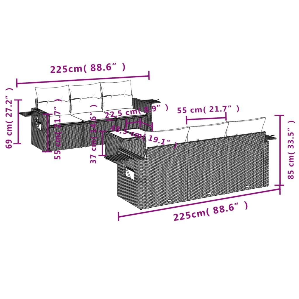 7 Pcs conjunto de sofás jardim c/ almofadões vime PE castanho