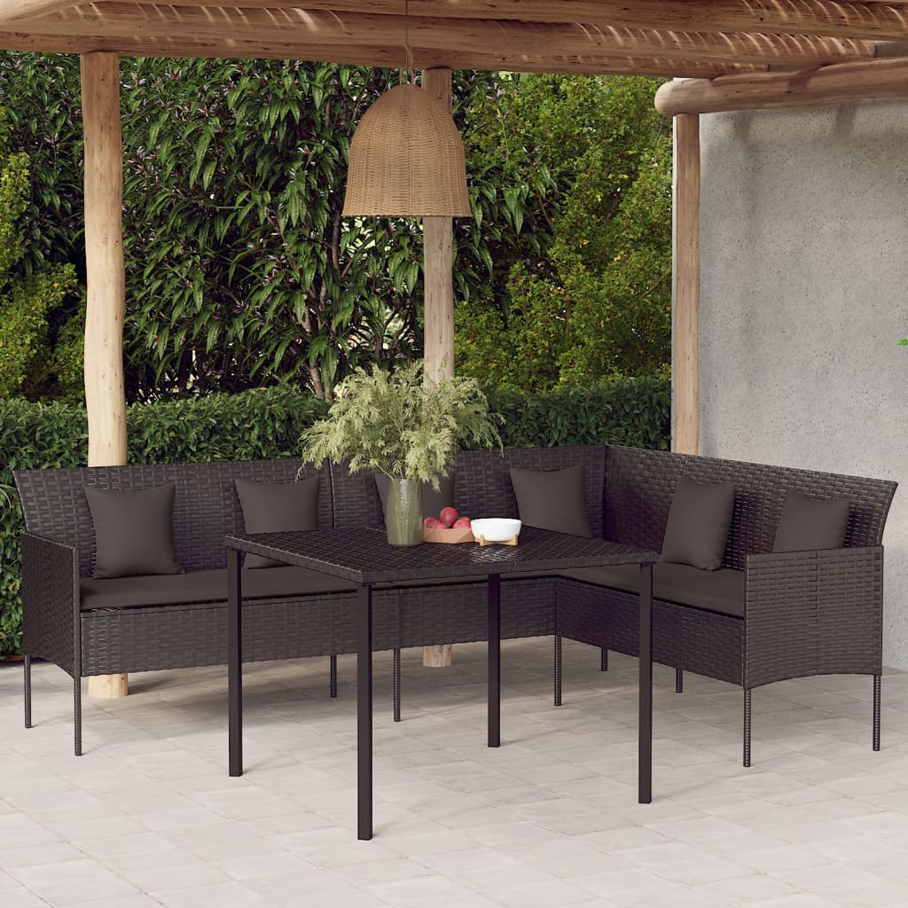Sofá em forma de l p/ jardim c/ almofadões vime PE preto