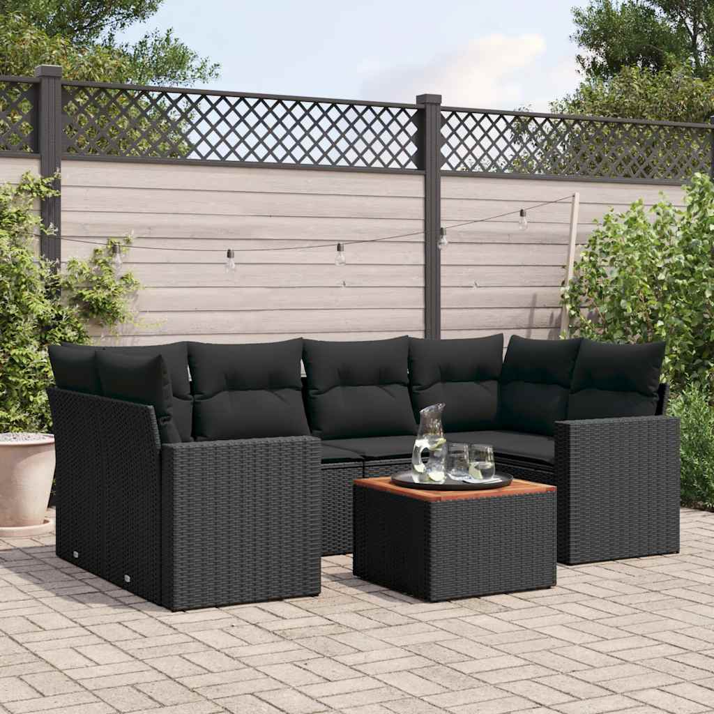 7 Pcs conjunto de sofás p/ jardim c/ almofadões vime PE preto