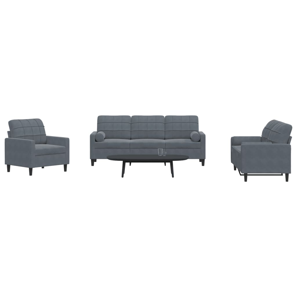 3 Pcs conjunto sofás com almofadões e rolos veludo cinza-escuro