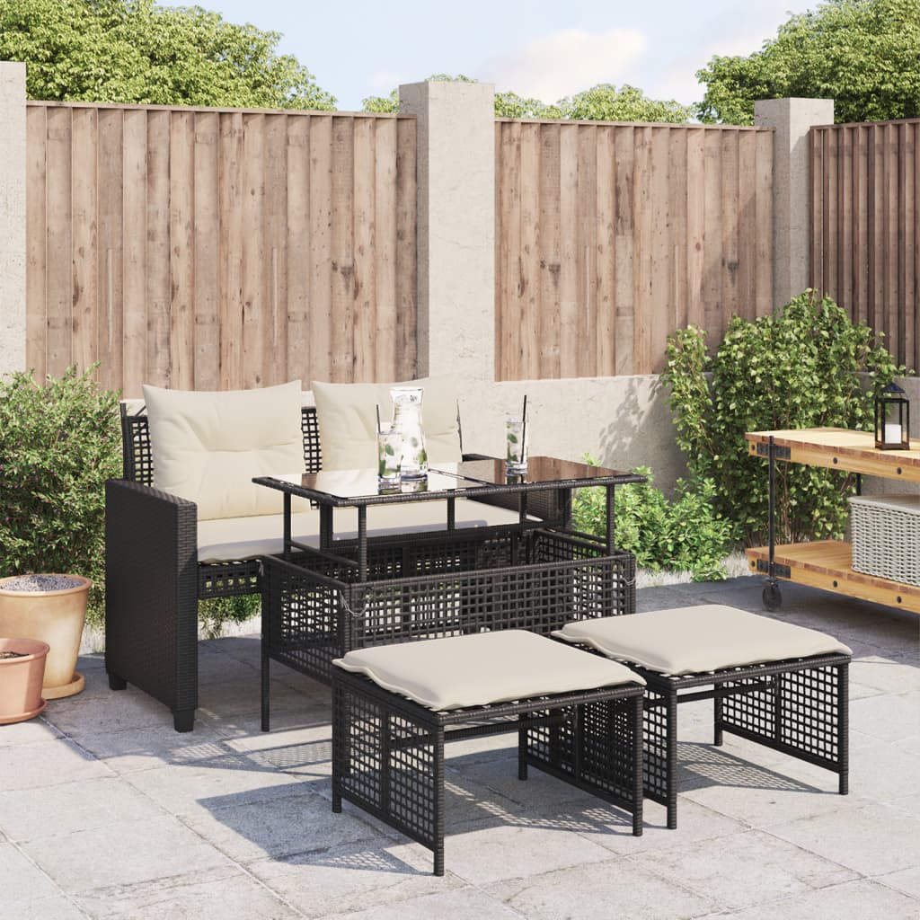 4 Pcs conj. sofás p/ jardim c/ almofadões vime PE/vidro preto