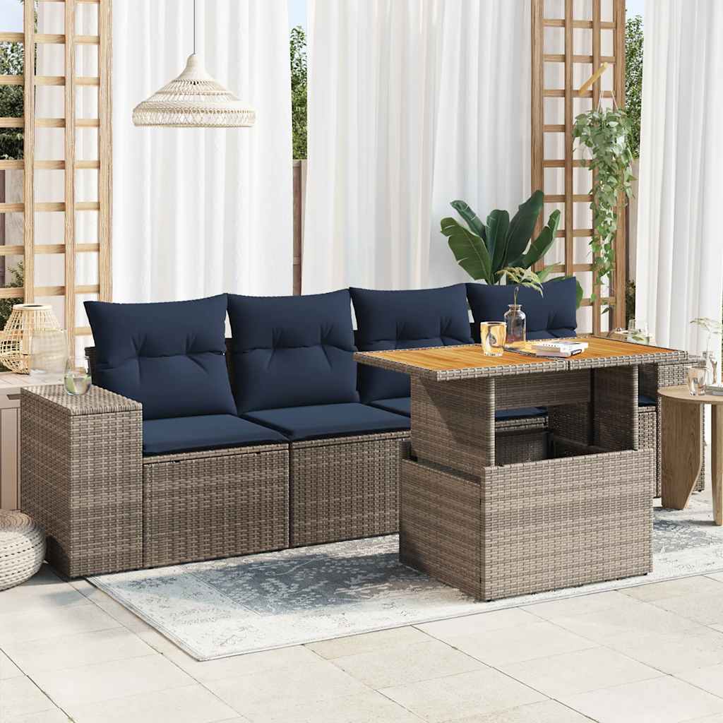 5 Pcs conjunto sofás de jardim c/ almofadões vime PE cinzento