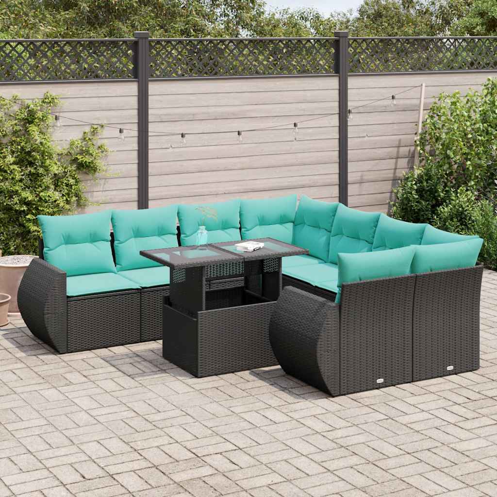 9 Pcs conjunto sofás p/ jardim almofadões vime PE/acácia preto
