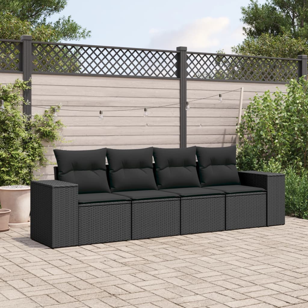 4 Pcs conjunto de sofás para jardim c/ almofadões vime PE preto