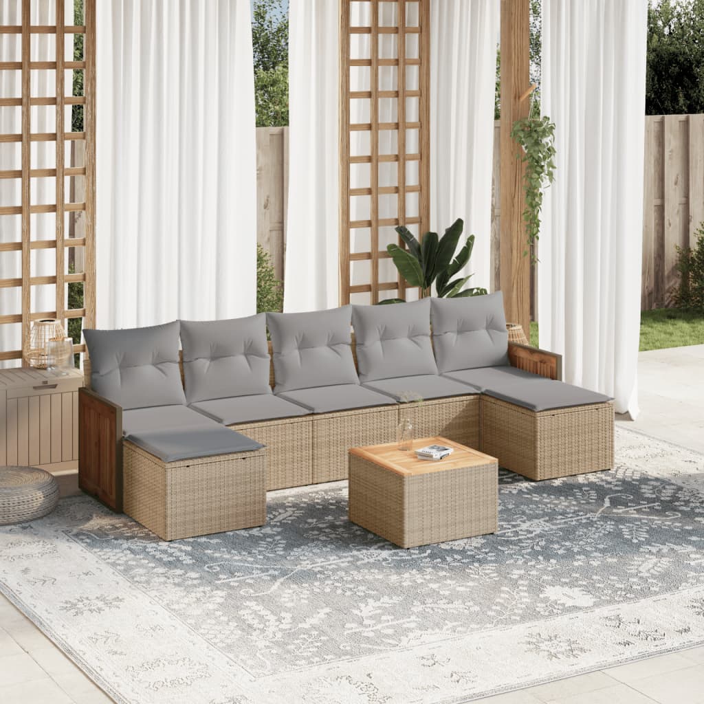 8 Pcs conjunto de sofás p/ jardim com almofadões vime PE bege
