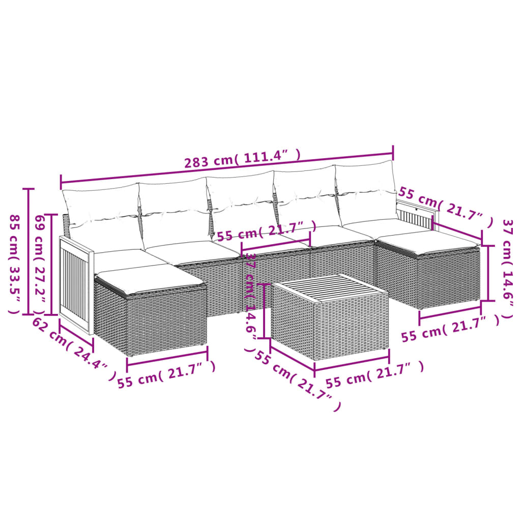 8 Pcs conjunto de sofás p/ jardim com almofadões vime PE bege